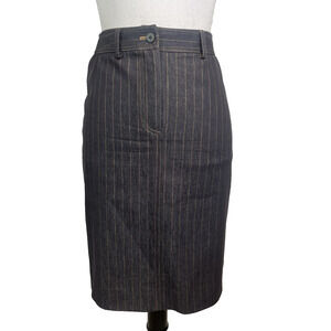 ETCEtera Skirt sz 2 Blue Denim Gold Striped Straight Knee Stretch Casual Career